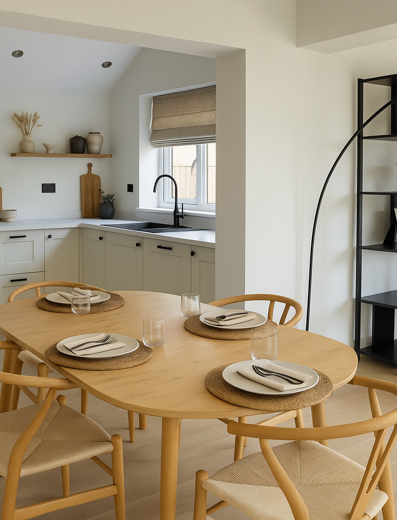 Image to show Interior design of a kitchen, living dining space.