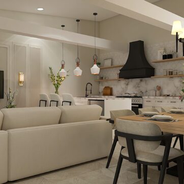 3d rendered image of open plan Kitchen, living dining room