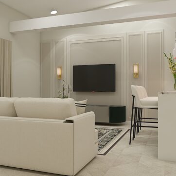 3d rendered image of open plan Kitchen, living dining room