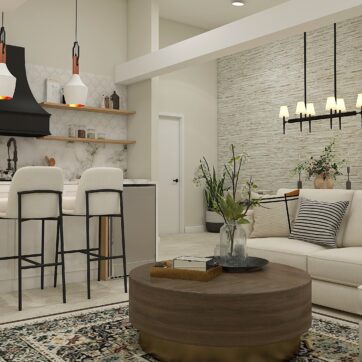 3d rendered image of open plan Kitchen, living dining room