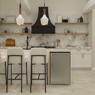 3d rendered image of open plan Kitchen, living dining room